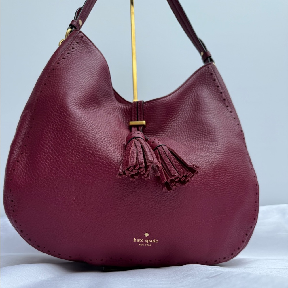 Kate Spade James Street Mason Large Merlot Cow Leather Hobo Bag With Tassel - Picture 13 of 17